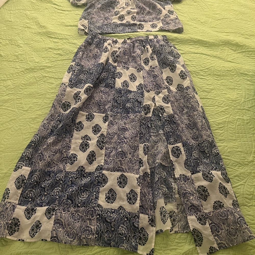 J.Crew side slit patchwork maxi skirt set with cropped top. Blue and white sz S - Picture 2 of 15